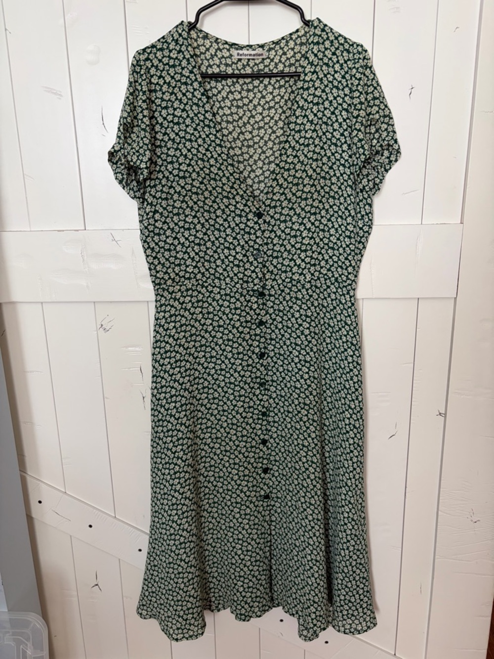 Reformation Dark Green Ditsy Floral Button-Front Midi Dress